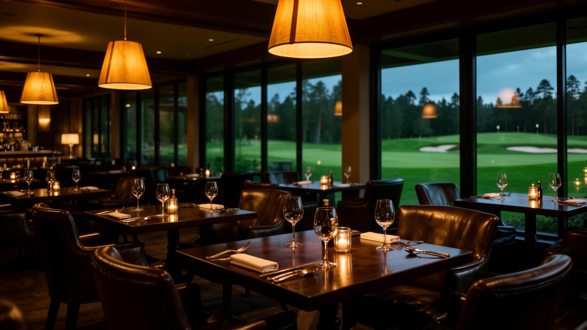 Candlelit dining room overlooking the course at dusk